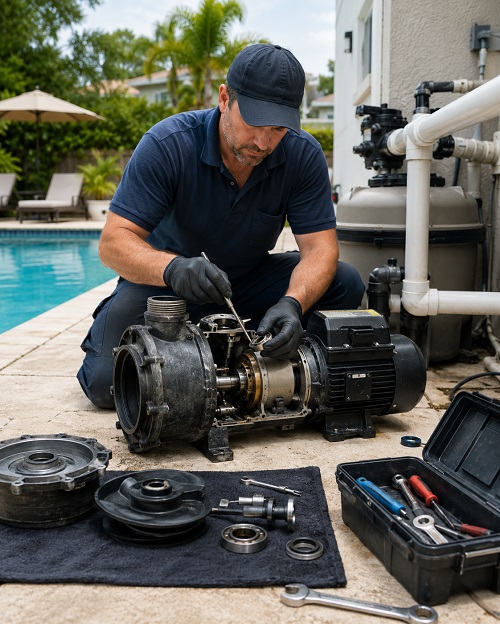 Noisy pool pump bearing replacement and motor overhaul inspection in Melbourne