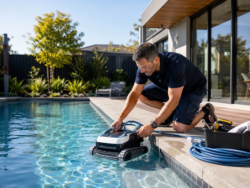 Pool robot cleaner service in Melbourne with robotic pool cleaner working in a residential pool