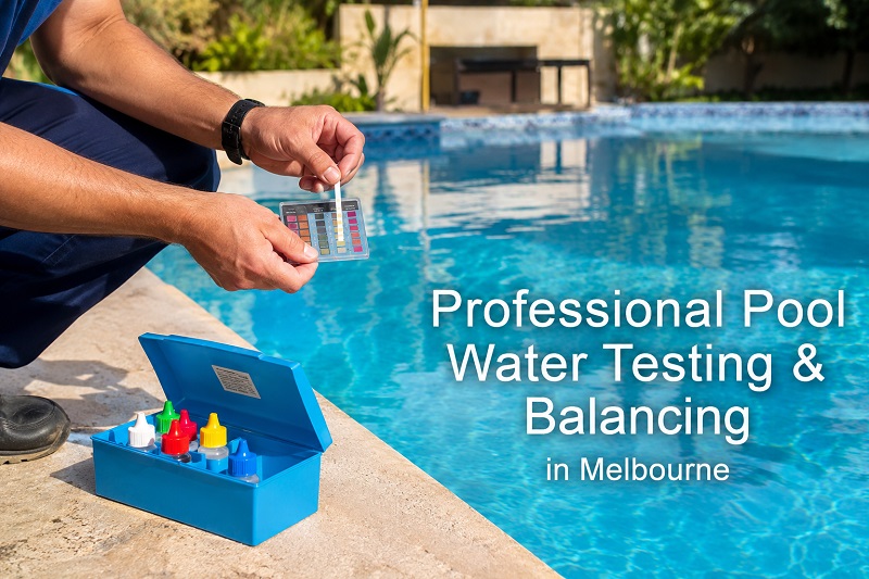 Technician performing professional pool water testing and balancing in Melbourne