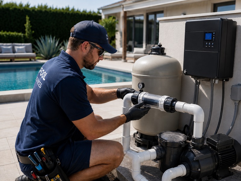 Salt chlorinator replacement equipment installed on a residential pool equipment pad