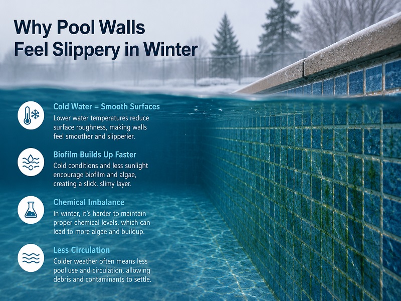 Pool wall and water surface showing why walls can feel slippery in winter