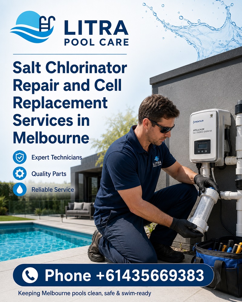 Technician checking salt chlorinator equipment beside a Melbourne pool
