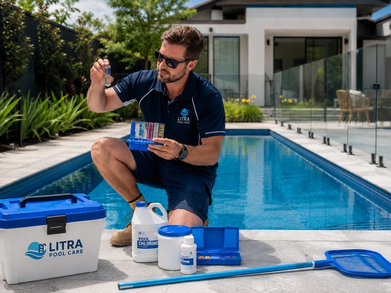 Litra PoolCare technician testing pool water beside a residential swimming pool