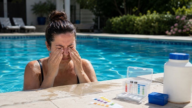 Pool water testing beside a residential swimming pool after eye irritation