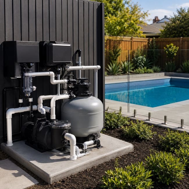 Pool equipment pad with pumps, filters, valves and connected plumbing
