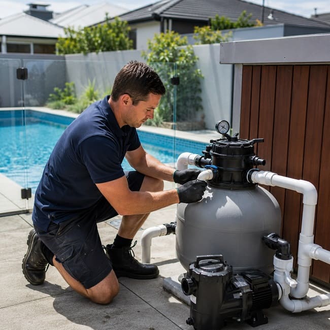Pool filter equipment installation and plumbing setup in Melbourne