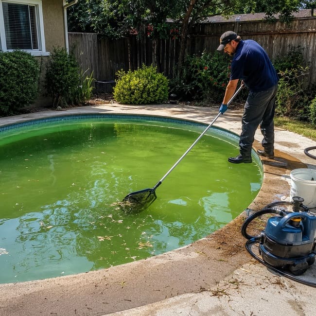 Green algae-affected swimming pool before recovery in Melbourne