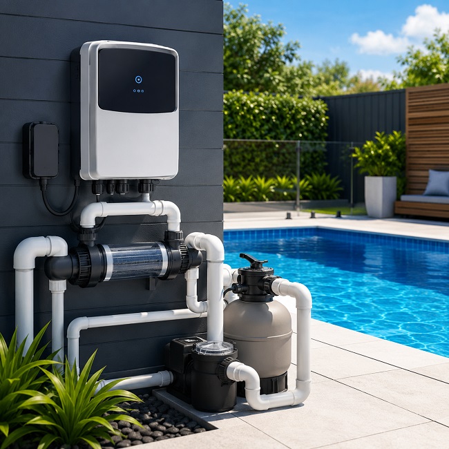 Salt chlorinator controller and cell installed beside a residential swimming pool