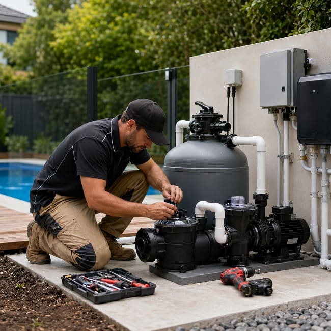 Pool equipment specialist reviewing access to a residential pool equipment area