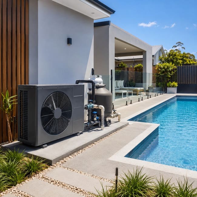 Pool heat pump installed beside a Melbourne swimming pool