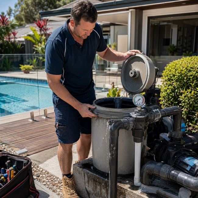 Pool technician inspecting a pool filter and pressure gauge