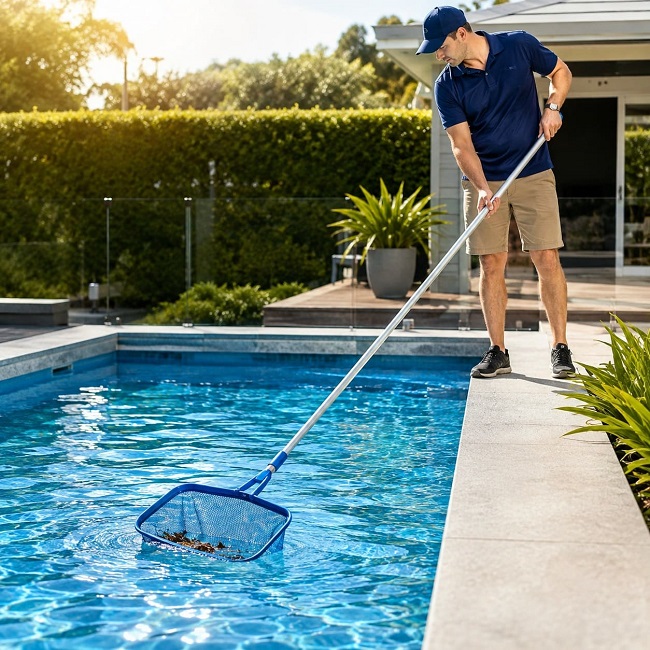 Pool technician removing leaves and debris from a residential swimming pool