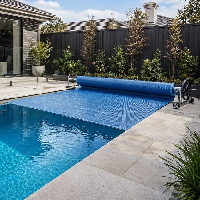 Pool cover and manual roller beside a Melbourne swimming pool