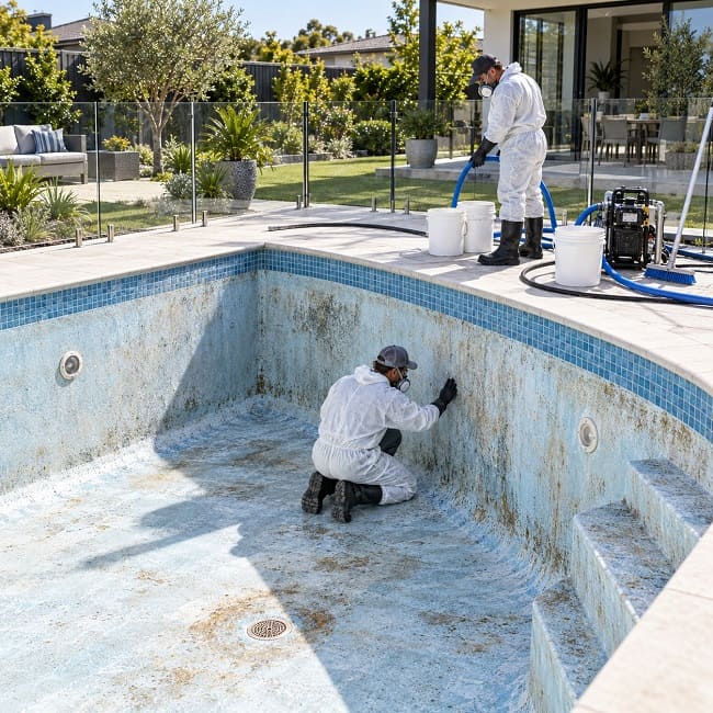 Professional pool acid wash preparation on a drained swimming pool in Melbourne